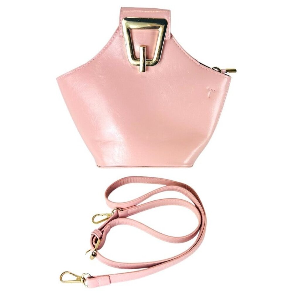 Pink Faux Leather Mini Bucket Bag With Gold-Tone Buckle Closure & Detachable Str